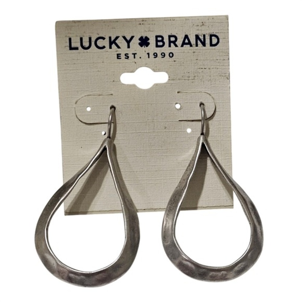 Lucky Brand Silver Tone Hammered Teardrop Hoop Earrings Boho Antiqued Finish